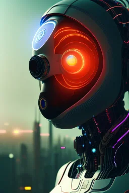 projection of an AI head hovering over an cyberpunk landscape in the distance, a small human walking towards the head, high quality, 4k resolution, high details