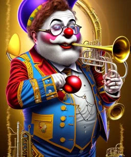 mechanoid old friendly fat clown with trimmed beard playing jazz with a steampunk theme, trumpet, realistic