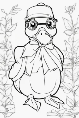 Outline art for cute coloring pages with duck with glasses, full body, white background, sketch style, only use outline, clean line art, no shadows and clear and well outlined.