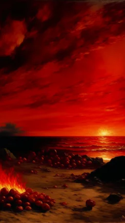 A red fiery sky with fireballs painted by Gustave Courbet