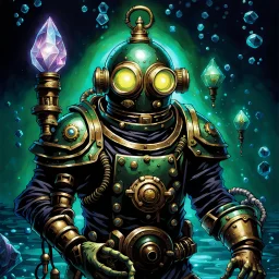 90's tcg art crystal steampunk ghost diver with glowing ghostly armor and huge pauldrons fantasy glowing helmet underwater