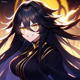 Clear focus, 8k, high quality, detailed, beautiful lighting, girl, vibrant colors, black long hair, vibrant golden eyes, messy hair, laughing, dark magic, angry, glowing eyes,