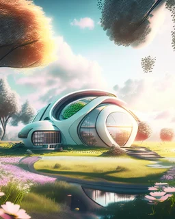 Futuristic country house minimalist style spring weather hyper-detailed 8k digital art