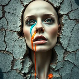 /imagine surreal portrait of a beautiful bald woman slowly sinking into a cracked urban wall, her photorealistic eyes fading into the texture. Orange and blue paint drips run down her face as parts of her body merge with the peeling plaster, dissolving into the street art background. --style raw --ar 3:4 --v 7.0 --q 2 --stylize 300 --weird 350