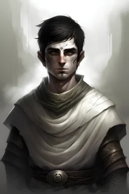 A fantasy depiction of a pallid, white-skinned man with black eyes and short hair. He looks otherworldy, spectral even. Wears a simple dirty tunic and dirty breeches.