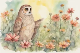 thankful praying owl girl in flowergarden in sunshine, watercolor and ink