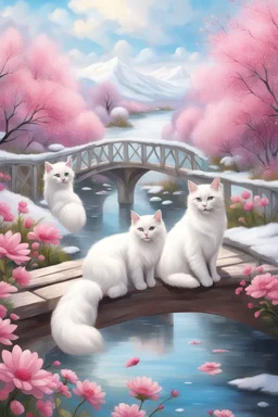 in the center: beautiful chunky white cats playing on a bridge , background: landscape, first plan: pink flowers and a small river with blue water, sky: white clouds with more cats sitting on them, season: winter and snowfall