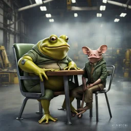 from profile a big fat yellow-green anthropomorphic frog in human cloths sitting on a massive metal chair at the wooden table, opposite sits on a less chair one pale brown little mutant anthropomorphic frog with a round head, big round eyes and little pig ears on his head and wearing work clothes, in background blur empty assembly workshop, hangar, pale light, high detalied, high realistic, professional photo, sci-fi mood, fantasy style, digital art