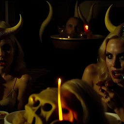 Horror movie shot, spooky, horns, hot, ultra realistic, dine, they enjoy and get excited, ultra realistic hot blonde women, party, pieces of meat, organs, ail, dynamic, very excited people, 1970's movie, Dario Argento, hypermaximalist figures, light, Italian horror movie, sinister, ornate, 4k, photorealism