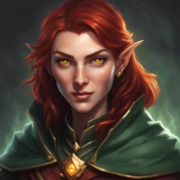 Generate a dungeons and dragons character portrait of the face of a female half-elf warlock with dark copper red hair and golden eyes. She is smirking and glowing with magical energy. She looks mischievous. She is wearing a dark green cloak.