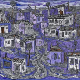 A violet abandoned plague town designed in medieval tapestry painted by Jean Dubuffet