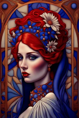 3D image, a beautiful art deco bride with red hair, white and blue veil, beautiful eyes, red lips, blue flowers, bold gold, sensuality, fantastical surrealistic, elegant, beautiful high definition acrylic art, sunrise, watercolor patchwork, Daniel Merriam style, Ivan Bilibin, Ernst Haeckel, Jean-Baptiste Monge, Picasso, Caspar David Friedrich, Jacek Yerka, Richard Dennis, Joe Fenton, Andree Wallin, İsmail İnceoglu, Wassily Kandinsky, Thomas Kinkade, line art, artstation, extremely detailed, intr