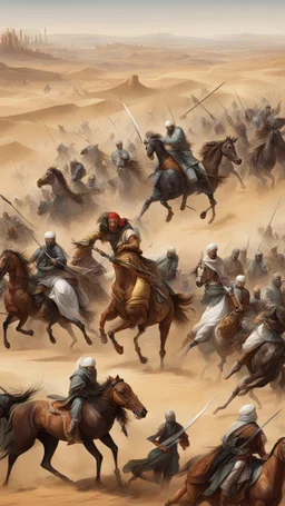 A picture of a battle of Muslims against polytheists with swords and horses, in the desert