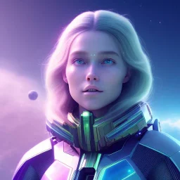 A portrait of a transparent crystalline girl,smiling, longs blond hairs, green eyes, galactic dress, atmospheric, realistic, cinematic lighting, octane render, purple and blue sky, nebula, stars, planets in background, spaceship in background