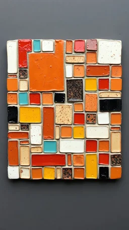 This image shows a wall mounted ceramic mosaic artwork composed of rectangular and square tiles in various shades of red, orange, turquoise, yellow, white and black. 1. **Design**: Abstract composition featuring tiles of different sizes and orientations, arranged in a geometric but irregular pattern. The edges are slightly irregular, which emphasizes the artisanal nature of the work. 3. **Texture**: The tiles have a rustic, matte finish with subtle variations in tone, giving each piece a unique