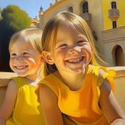 Neoclassicism child smiling at other child painting yellow realistic cote d'azur