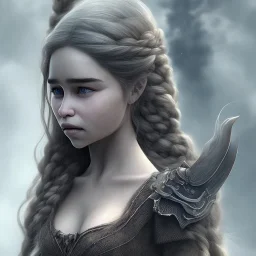 only perfect face detailed emilia clarke face, wearing dragon armor. fly hair, viking, village, highly realistic, highly detailed, mist around, smoke, particles, fog