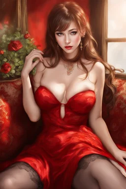 A stunning, seductive woman in a fiery red dress, casting a shy glance over her shoulder.