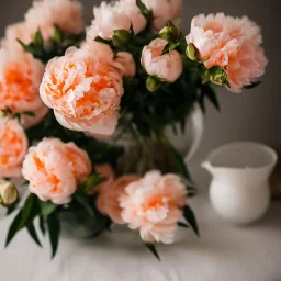 cinematic shot of peonies made from peach tulle in a glass bowl, warm lighting, soft lighting, bokeh, linen, luxurious