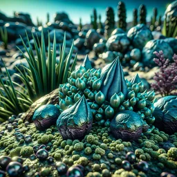 A striking photograh close-up captures a hyperrealistic wasteland with group of plants and glossy material, adorned with minerals and rocks. Bathed in intense light, eerie, giant blue sun, 8k, deep 3d field, rock formations, strong texture, extreme detail, intricate, colours, rich moody colors, sparkles, bokeh, 33mm photography