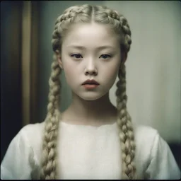 Old autochrome of devon aoki ,full lips, weird white braids., ,in a room, in 1550
