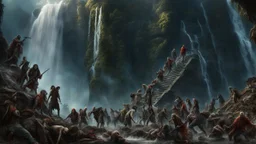 a pile of rotting zombies at the foot of a 3.000 feet high waterfall. fantasy setting, horror. exquisite realism, a masterpiece, fantasy concept art, dynamic lighting, hyperdetailed, intricately detailed, deep color, Unreal Engine, volumetric lighting, Epic cinematic brilliant stunning intricate meticulously detailed dramatic atmospheric maximalist digital matte painting