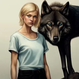 ultra realistic photograph of a very thin young woman with short blonde hair and blue eyes wearing a loose black teeshirt standing next to a black wolf