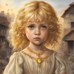 Book cover drawing without title. Permelia is a little girl child her face marked with sadness and fear wearing a golden brooch on her entire dress she has gold hair like a princess. Above them, a golden glow emerges, symbolizing the missing brooch that triggered the tragedy. The image captures the atmosphere of despair and mistrust hanging over the village, highlighting the contrast between light and darkness, beauty and ugliness.
