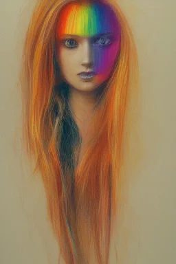 Beautiful perfect perfectly centered photorealistic lady crayon on pastel paper long hair, gold to orange hair, rainbow dress, full-body portrait by Greg Rutkowski