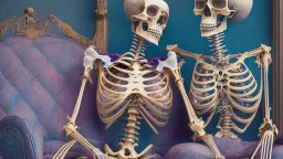 Famous Skeleton Couple Posing together wearing 1920's Hollywood Grandeur; Surreal, Intricately Detailed, Beautiful, Colorful, award-winning, high definition, ultra-detailed, beautiful, rose tones