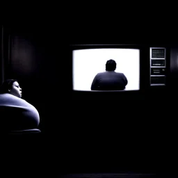 (fineart:1.5, masterpiece1.5) (realism:1.5) winner of Taylor Wessing Photographic Portrait Prize, dark art, horror art, violent art, fat people watching tv, tv in frame , third person view