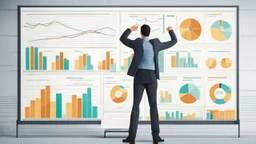 The image represents the success and prosperity of businesses and investments in 2024. It features a confident businessman standing with paper charts and a large screen displaying financial data and profitable projects. The image reflects a promising future vision for business and investment in the coming year, where successful projects can achieve significant financial success.