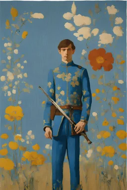 Euan Uglow portrait photography, Otherworldly, 1970s tufting tapestry the knight of blue and flowers standing with his weapon posing for painting