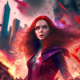 Wanda Maximoff, mulher, jovem, cabelos ruivos, olhos vermelhos, corpo inteiro, fundo cidade destruída, cores brilhantes, de lado destruindo algo com sua magia vermelha, traje da feiticeira escarlate, dramatico, 4k render, imagem cinematográfica. Cores frias, magia em suas mãos, magia vermelha claro