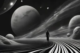 holy person walking on cosmic wave in planet solar system grayscale astronomical person