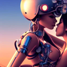 great illustrator, spanish, realistic rendering of a cute spanish girl kissing a beautiful cybergirl. beautiful, simmetric, steampunk style. Helmet with tubes. Girl with wings. Machinery in the background. Robotic bird flying. High details. 4k. unreal engine, sunset