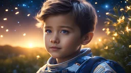 little very young NASA boy, handsome, peaceful, gentle, confident, calm, wise, happy, facing camera, head and shoulders, traditional NASA costume, perfect eyes, exquisite composition, night scene, fireflies, stars, NASA landscape, beautiful intricate insanely detailed octane render, 8k artistic photography, photorealistic concept art, soft natural volumetric cinematic perfect light, chiaroscuro, award-winning photograph, masterpiece, Raphael, Caravaggio, Bouguereau, Alma-Tadema