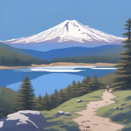 Oilpaint,Omonte fuji,snow-capped summit,clear blue sky,no clouds,serene reflection in a lake,winding hiking trail,whispering pine trees,gentle breeze,tranquil atmosphere,crisp air,hiker admiring the view,majestic peak,snow-capped mountains in the distance,shimmering sunlight on the snow,peaceful solitude,ethereal beauty,serenity in nature,mountain range stretching into the horizon,captivating landscape,pristine wilderness,snow-covered slopes,transcendent experience