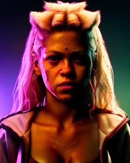 portrait, Shakira, blonde artist, angry, Realistic image, boxing robe, hoodie, mouthguard, nose band aid, loose long hair, eyes make up, perfect, glow, circle iris. Rain, fog, Neon colors, leds. Dark background, photo studio, neon lights. concept art, smooth, unreal engine 5, god lights, ray tracing, RTX, lumen lighting, ultra detail, volumetric lighting, 3d, finely drawn, high definition, 4k.