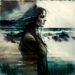 double exposure of A woman on the shore in stormy day, painting in style of John William Waterhouse