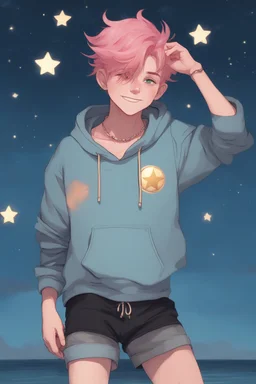 An androgynous young man with tousled pink hair and golden eyes floating among the stars wearing a light blue hoodie and black board shorts. He is smiling softly and holding a star in one hand.