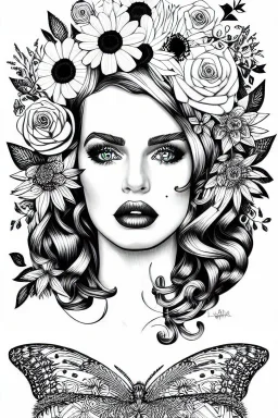 hyper detailed, black and white, thick line, coloring book illustration, lineart, stunningly beautiful woman in flowers