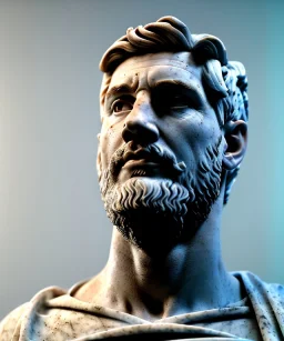 Ultra Realistic image, roman sculpture, white marble deluxe material, Lionel Messi, Greece Laurel crown, miguel angel style, chisel style, emperador, waist up portrait, cinematic lighting, God light, god rays, 4k resolution, smooth details, ornate details, soft lighting, unreal engine 5, sky background.