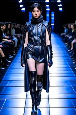 Kryptonian on a fashion runway cyberpunk clothes style street wear without cape