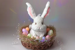 cute chibi plushy fluffy knitted and embroidered natural colored easter bunny in basket, feathers, easter eggs, iridescent flowers incorporated, light emitting, cracked bioluminescent holographic marble background, silver foil, sparkling diamonds, holographic raw pearls, ethereal, cinematic postprocessing