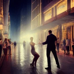 a man pushing a woman over a balcony, downtown new york at night, dramatic, dramatic lighting, volumetric lighting, hyperrealism, 8k, high quality, photorealistic, lot of details