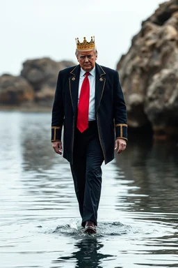 donald trump walking on the surface of water dressed like a king frontal view