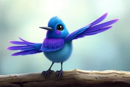 adorable blue and purple bird, elongated and fluffy like in an animation