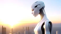 Photoreal Gorgeous godlike white alien cyborg looking over a futuristic city on the horizon in mystical haze at golden hour , otherworldly creature, in the style of fantasy movies, photorealistic, bokeh masterpiece smooth shading, ultra detailed, high resolution, cinematic, unreal 6, subtle shadows, octane render, 8k, cinema 4d, HDR, dust effect, vivid colors
