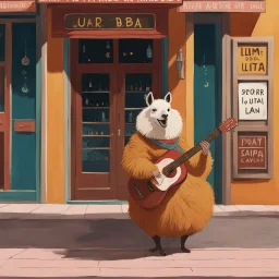 [art by Wes Anderson] a lama in playing guitar while singing on the doorstep of the bar